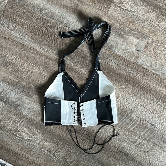 Dolls Kill Black & White Denim Halter Crop - Picture 2 of 3